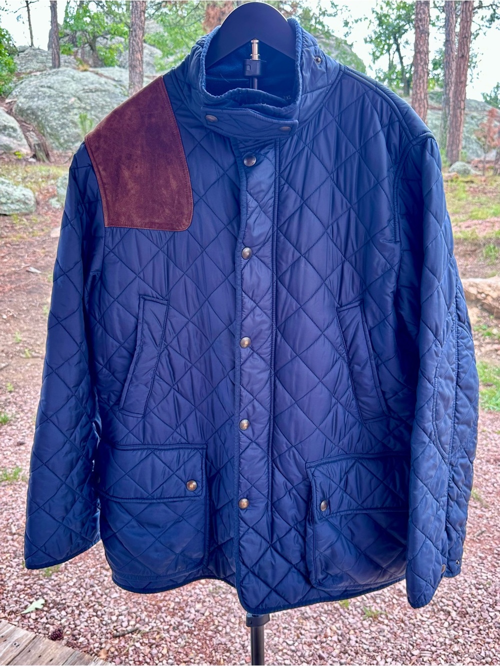 Ralph Lauren Quilted Navy Jacket with Brown Suede Shoulder Patch